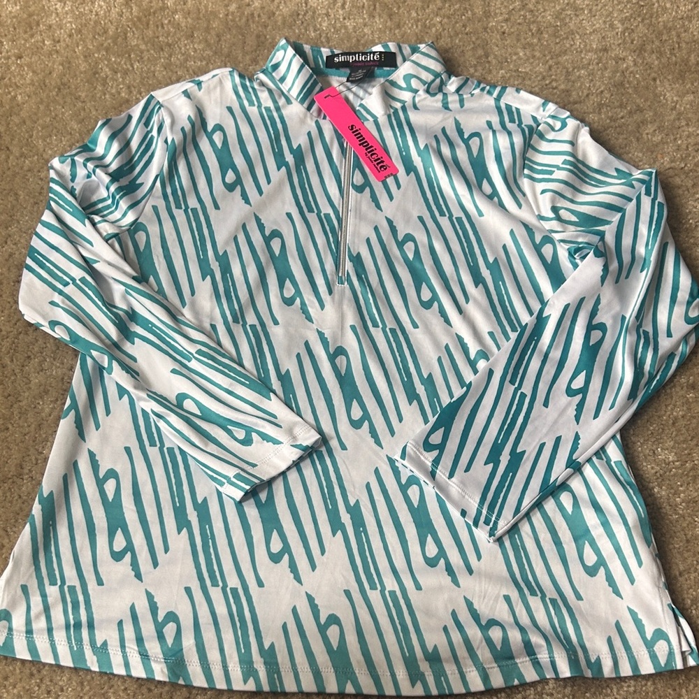 SIMPLICITE XL by Jamie Sadock 1/4 Zip teal white striped lightweight Top NWT